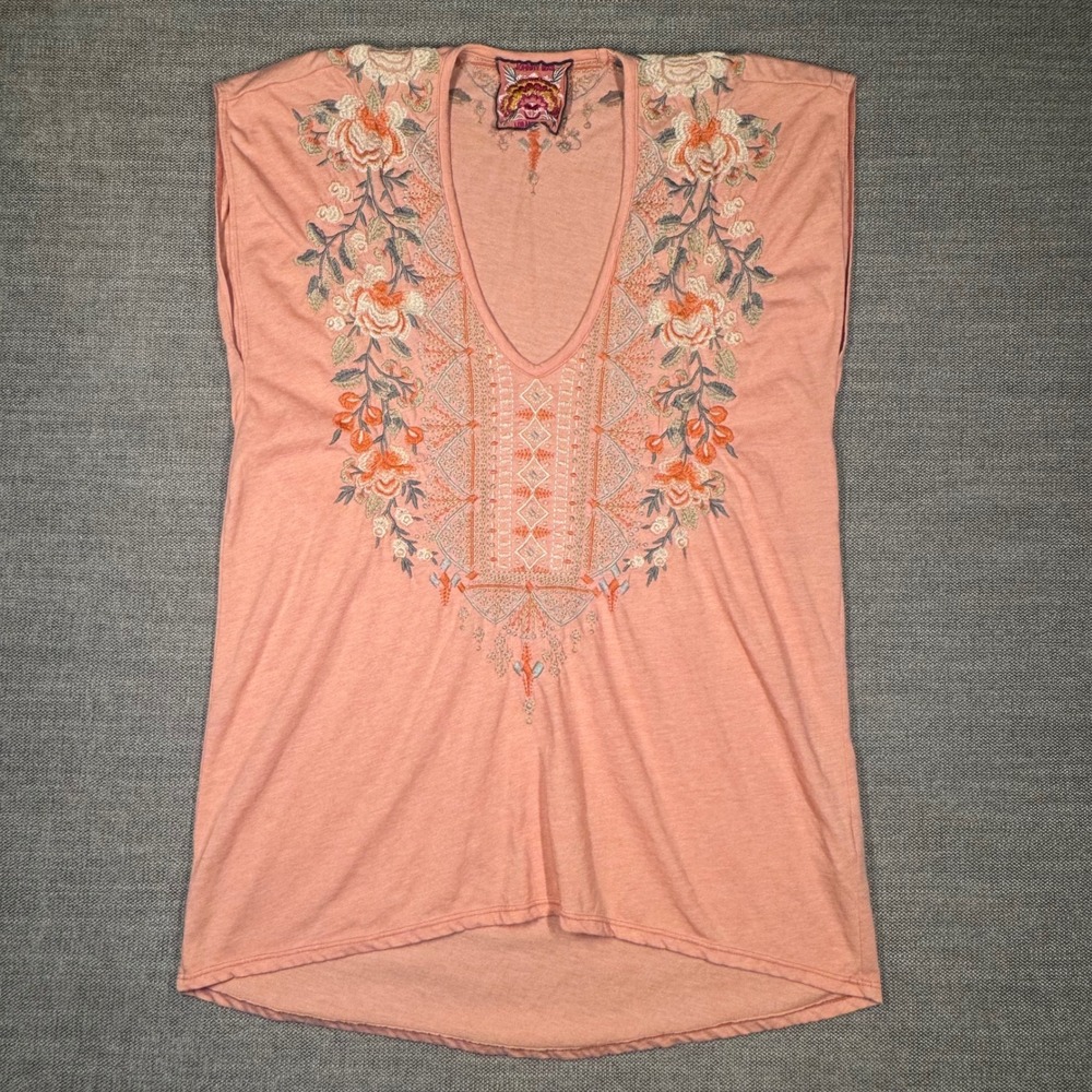Johnny Was Los Angeles Embroidered Calida V-Neck Top Peach Floral Medium Boho
